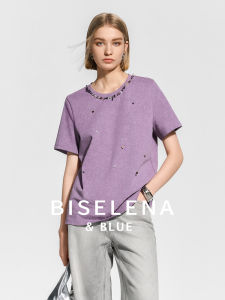 Bessie Pure Handmade Bead Purple Short Sleeve T-Shirt Womens Casual round Neck Slimming Top Cotton Polyester Blend Summer New Arrival