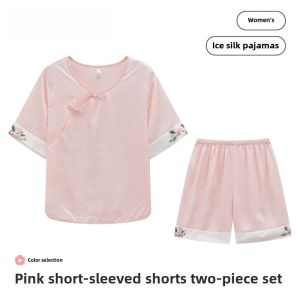 New Chinese Style Womens Summer Sleepwear Ice Silk Cool Feeling Home Clothes Short Sleeve Two-Piece Set Comfortable Home Fashion