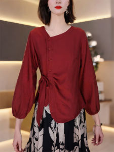 QINGNAER | French Retro Elegant Plus-Size Red Long-sleeved Shirt