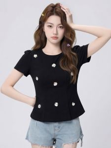 AIYITI | Elegant Short Sleeve T-Shirt Floral Design Black Oversized