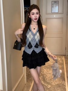 YUEZHONGWEI | Áo Móng Xẻ Dọc Phong Cách Học Viện Màu Đan Nhau Chất Liệu Mát Mẻ Ôm Sát