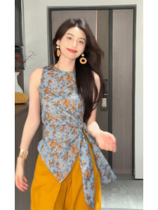 YUEZHONGWEI | เสื้อกั๊กสายเดี่ยวพิมพ์ลายดอกไม้สไตล์ฝรั่งเศสสำหรับผู้หญิงในฤดูร้อน ทรงเข้ารูป ไม่มีแขน เสื้อผ้าทำงาน ลำลอง ปกติ