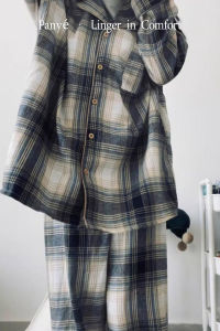 Pure Cotton Sleepwear Autumn Winter Loose Fashionable Long Sleeve Home Clothes Set for Women Sweet Plaid Open Cardigan