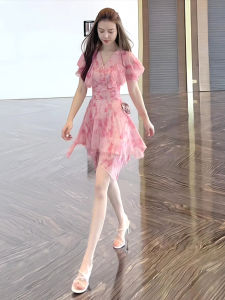 French Style V-Neck Floral Print Mini Dress Womens Summer New Design Diffused Flower A-Line Skirt High Waist Cotton Blend