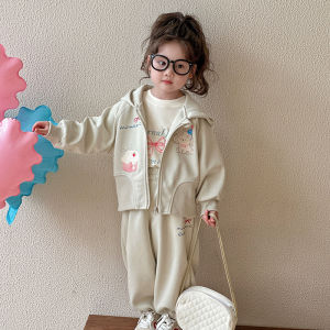 ชุดสองชิ้นสไตล์เกาหลีสำหรับเด็กผู้หญิงในฤดูใบไม้ร่วงพร้อมฮู้ด ชุดฤดูใบไม้ผลิและฤดูใบไม้ร่วง ชุดเดรสสั้นผ้าฝ้ายลายการ์ตูน