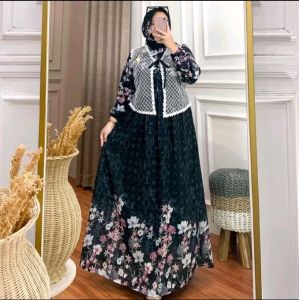 YURA DRESS Set Hijab Gamis Ceruty Mix Brokat rompi Korean Style Terbaru Gamis Couple Mom & kids