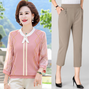 Ladieswear Spring and Autumn Clothing Mid-Sleeve Tops Fashionable New Long Sleeves 50-Year-Old Middle-Aged and Elderly Womens Clothing Summer Short Sleeve Two-Piece Suit