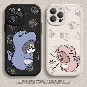 Cute Dinosaur Cat And Mouse Cartoon Phone Case Couples Anti-Fall Sheepskin Soft Shell for  15 14 pro Max 13 Mini 12 New 11
