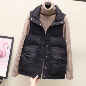 Ladies Short down Cotton Vest Autumn Winter New Style Korean Version Vest with Big Pockets Quilted Jacket Commute Pure Color