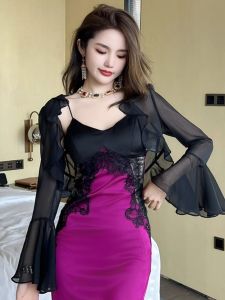 Elegant Unique Shoulder Shawl Sleeveless Chiffon Cardigan Women Summer Outerwear with Strap Dress Mesh Transparent Coat