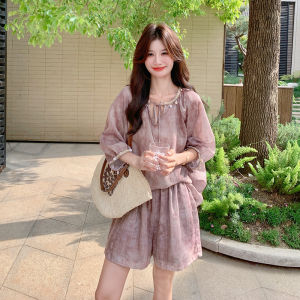 YINLUOYA | Bohemian Summer Outfit Two-Piece Set Vacation Style Short Shorts Top Bottom Matching Ensemble Round Neckline Sleeve Length 7