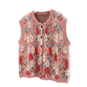 เสื้อกั๊กถักสีชมพูดอกไม้สำหรับผู้หญิง ฤดูใบไม้ผลิ 2025 แขนยาว ปกติ คอกลม กระดุมเดียว ลายดอกไม้ แฟชั่นอเนกประสงค์