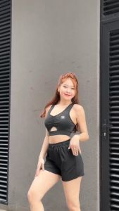 Bộ Thể Thao [D02] Màu Đen-  Bộ Đùi Thể Thao Túi Áo Bra Rúm Ngực Chất Liệu Co Giãn Thoáng Mát Thích Hợp Đi Tập Gym Yoga Đi Biển