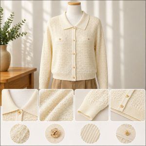 Elegant Tweed-Style Knit Cardigan POLO Neck Button-Up Long Sleeve Sweater