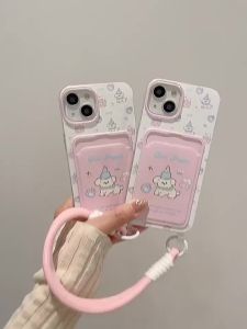 Cartoon dog pink card bag phone case for iPhone 11 12 13 14 15 16 Pro Max Plus TPU soft cover with hanging rope for iphone15pro case casing