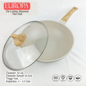 Wajan Penggorengan Anti Lengket Kuali Marble Cream Induksi Wok Pan With Lid 30CM - EUROPA