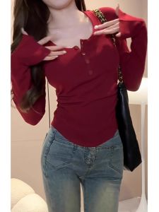 Retro Red Sweet Spicy Long Sleeve T-Shirt Womens Spring Autumn Pure Desire U-Neck Exposed Clavicle Slimming Cotton Base Shirt
