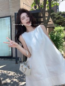 Casual Minimalist Three-Dimensional Stylish Back V Sleeveless Vest Dress Womens Summer Retro Loose Pure Color Princess Skirt