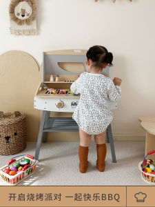 Agox Wooden Kitchen Toy BBQ Grill Simulation Cooking Playset for Children Girls Role Play Gift Toy for Ages 3 And up