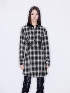 Only2025 Autumn New Style Womens Long Plaid Shirt Casual Slim Fit Tie Waist Commuter Fashion Polyester Fiber Long Sleeve