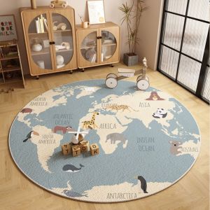 VIKAMA Cartoon World Map Carpet Round Scandinavian Style Non Slip Wear Resistant Easy To Clean Decorative Carpet Home Decoration