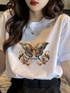 New Chinese Style Pure Cotton Short Sleeve T-Shirt Womens Summer Fashionable Butterfly Print Top round Neck Regular Length