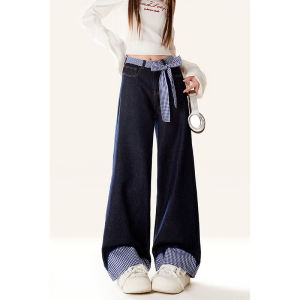 Celana Jeans Wanita Panjang Biru Longgar Celana Lurus Desain Warna Sambungan Dasi Kupu-kupu