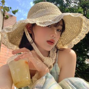 Summer Beach Straw Hat Lace Trim Sunshade Large Wedding Dress Photography Hat Hollow out Rafi Soft Brim Breathable Foldable Cap