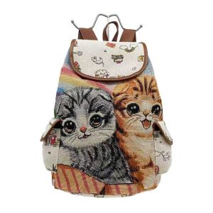 Trendy Cartoon Cat Embroidery Canvas Double Shoulder Bag for Girls Travel Backpack Ethnic Style Cloth Bag Leisure Vertical Square Shape
