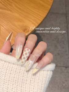 Handmade 3D Design Wearable Nail Art Pure Yellow Grid Butterfly Knot New Year Nail Tips Chinese New Year Theme Decorated Nail Art