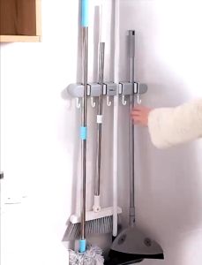 4 Ball Slots and 5Hooks Wall Mounted Mop Holder with Hook Punch-Free Mop Rack Bathroom Kitchen Mop Clip Hook Mop Hanger Broom Storage Rack Household Cleaning Storage Supplies