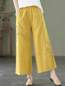 Quần Ống Rộng Thêu Phong Cách Dân Tộc Bằng Vải Lanh Cotton Cho Nữ Mùa Hè 2025 Quần Ống Rộng Cạp Cao Thường Ngày Đa Năng