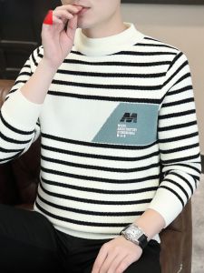 HENGYUANXIANG | Hengyuanxiang Mens Knitted Sweater With Stripe Design Fleece Lined Casual Half High Collar Winter Warm Base Layer Shirt