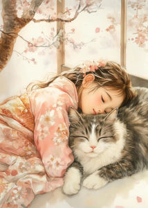 KAYOU | Japanese Kimono Girl Cat Diamond Painting – Cherry Blossom Sakura Onsen Design Rhinestones DIY Canvas Art Wall Decor