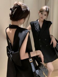 Váy Vest Không Tay Cao Cấp Thiết Kế Tay Lửng Hở Lưng Thắt Nút Bướm Thanh Lịch Váy Chữ a Cạp Cao Mùa Hè Váy Công Sở