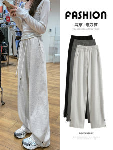 กางเกงวอร์มสีเทาทรงหลวมเอวสูงขาตรงสำหรับผู้หญิง กางเกงขายาวลำลองสไตล์อเมริกันสำหรับฤดูร้อน กางเกงกีฬาแบบสวมหัว ทรงหลวม ทรงหลวม