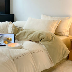 Thickened Milk Fiber Autumn and Winter Bed 4-piece Bedding Set Embroidered Quilt Double-Sided Coral Fleece Bed Sheet Cloud Velvet Three-Piece Set
