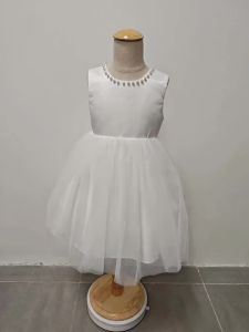 Flower Girl Dress Solid Color Tulle Pearl Dress Backless Bow Wedding Mesh Fluffy Skirt for Girls Birthday Party Princess Dress