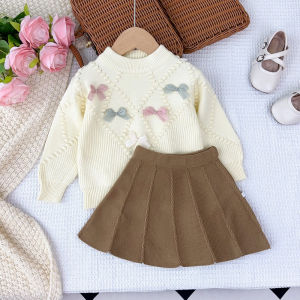 Bear Leader 3-7 Years Kids Clothing Outfits Winter Cute Bow Tie Knit Sets Round Neck Long Sleeved Sweater + A-line Skirt Suit Korean 2 Pieces Suits Girls Clothes