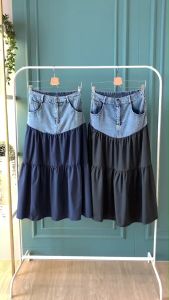 R5423 Mix Jeans Flare Layer Maxi Skirt