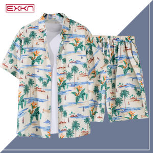 Casual Floral Print Mens Shirt Summer Beach Short Sleeve Two-Piece Set Hawaii Trendy Handsome Vacation Clothes