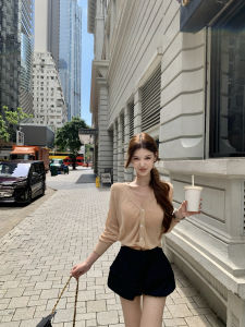 Knot Hem Light-Permeable V-Neck Short Knit Top