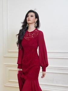Vintage Sunset Rose Sea Red Fitted Lace Pencil Dress