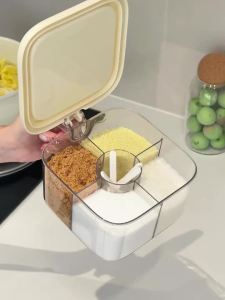 UFORU Food Grade Clear Seasoning Box 4 Compartments Sealed Push-to-Open Creative Spice Container for Kitchen Countertop