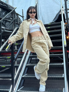 Jennie Jisoo Gold Intelligence กางเกงยีนส์ขาตรงผ้าฝ้ายเสื้อผ้าทํางานชุดเสื้อเชิ้ตลําลองสี Carder สําหรับผู้หญิง