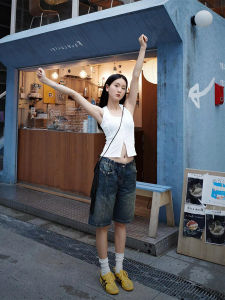 กางเกงขาสั้นทรงหลวมเอวสูงสไตล์ย้อนยุคสไตล์อเมริกันสำหรับผู้หญิง กางเกงยีนส์ทรงตรงทรงหลวมสำหรับฤดูร้อน