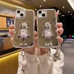 Cute Bear Stand Mirror Phone Case With Lanyard For iPhone 17 Air 16 Pro Max 15 14 13 12 11 Pro Max XS 8 7 Plus Shockproof Acrylic Protective Cover