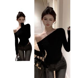 เซ็กซี่ ไม่เท่ากัน แขนยาวเอวซับ สีดำ เสื้อยืดตัวในเสื้อเชิ้ตตัวสั้น รัดรูป สไตล์ ผู้หญิง แฟชั่น เสื้อท่อนบน