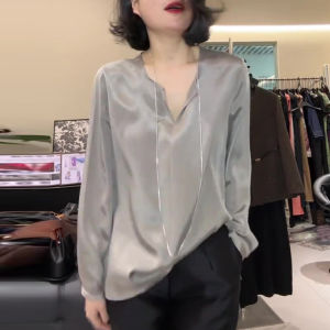 UYFY | Áo sơ mi nữ dáng rộng dài tay màu xám thanh lịch mùa thu 2025 dáng chữ A thoải mái thường ngày thời trang