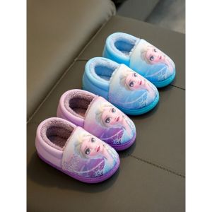SHIPAILUO | Disney Elsa Princess Winter Childrens Cotton Slippers Warm Baby Toddler Shoes Cartoon Style Home Use Flat Heel TPR Bottom